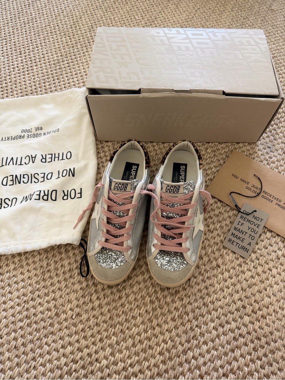 Golden Goose Low-Top Sneakers with Silver Glitter, Pink Laces, Leopard Heel Tab
